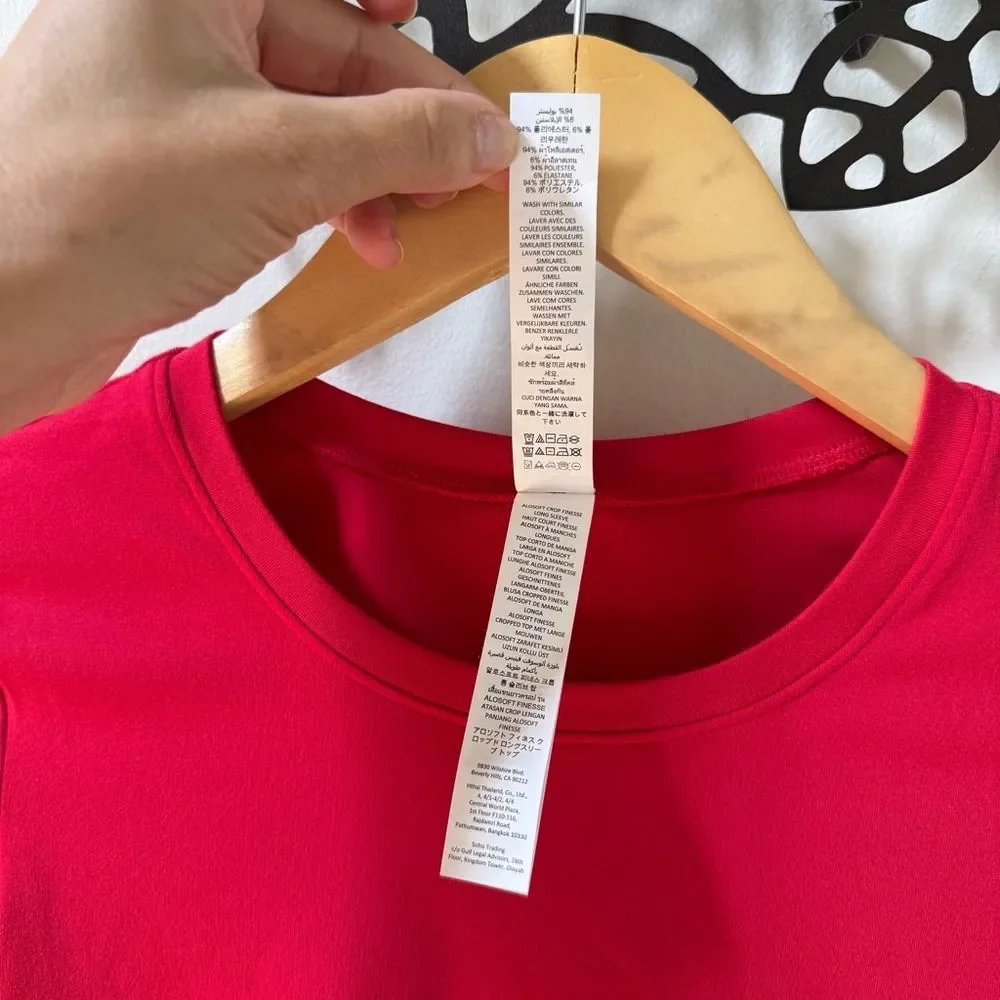 ALO Yoga Alosoft Crop Finesse Long SleeveTee in Bold Red XS NWOT